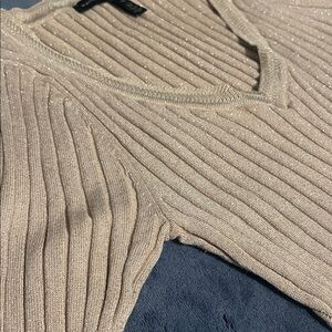 White House Black Market Metallic Ribbed Blouse in Beige/Gold with Sparkle